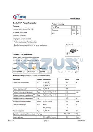 IPP50R350CP datasheet - CoolMOSTM Power Transistor