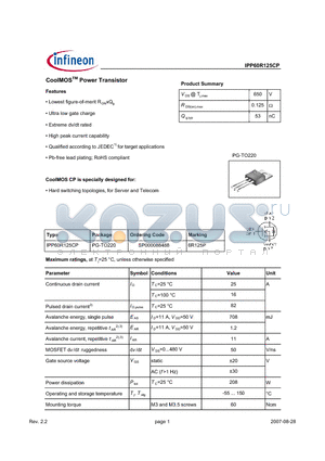 IPP60R125CP_07 datasheet - CoolMOSTM Power Transistor