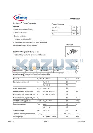 IPP60R125CP datasheet - CoolMOSTM Power Transistor
