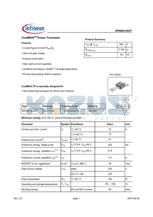 IPP60R165CP datasheet - CoolMOSTM Power Transistor