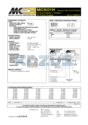 MCSO1H datasheet - Miniature SMD Clock-Oscillator