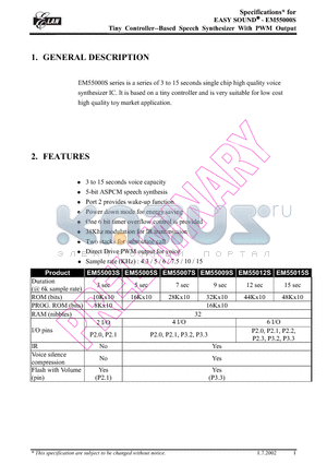 EM55005S datasheet - TINY CONTROLLER-BASED SPEECH SYNTHESIZER WITH PWM OUTPUT