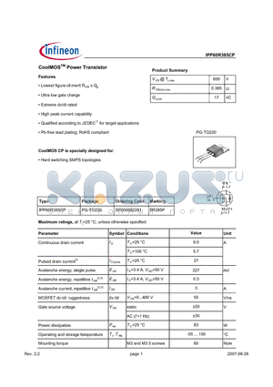 IPP60R385CP datasheet - CoolMOSTM Power Transistor