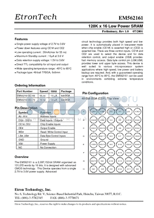 EM562161BC-55 datasheet - 128K x 16 Low Power SRAM