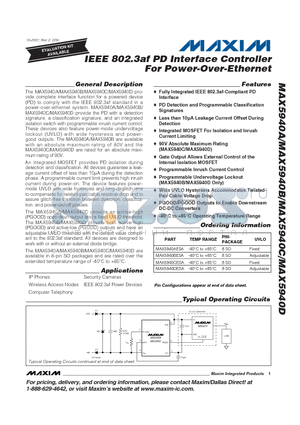 MAX5940AESA datasheet - IEEE 802.3af PD Interface Controller For Power-Over-Ethernet