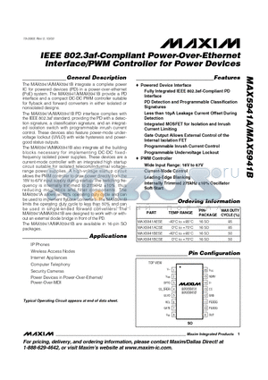 MAX5941A datasheet - IEEE 802.3af-Compliant Power-Over-Ethernet Interface/PWM Controller for Power Devices