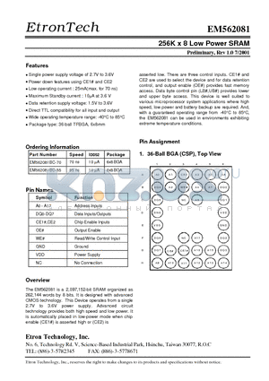 EM562081 datasheet - 256K x 8 Low Power SRAM