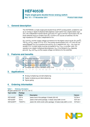 HEF4053B datasheet - Triple single-pole double-throw analog switch