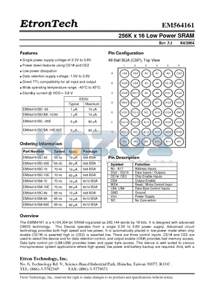 EM564161BC-55 datasheet - 256K x 16 Low Power SRAM