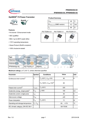 IPP80N04S4-04 datasheet - OptiMOS-T2 Power-Transistor