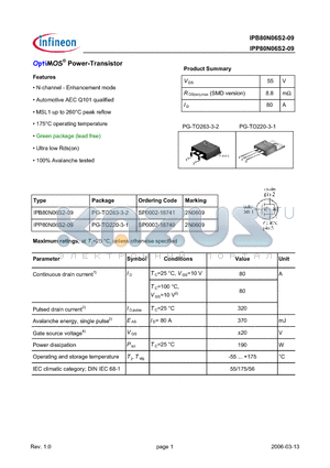 IPP80N06S2-09 datasheet - OptiMOS Power-Transistor