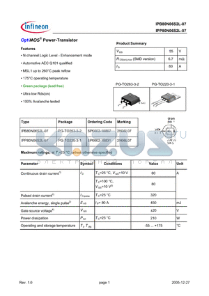 IPP80N06S2L-07 datasheet - OptiMOS Power-Transistor