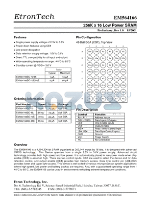 EM564166BC-70 datasheet - 256K x 16 Low Power SRAM