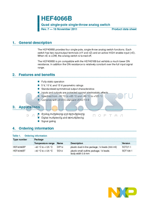 HEF4066BP datasheet - Quad single-pole single-throw analog switch