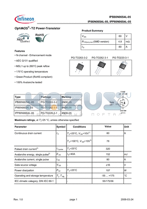 IPP80N06S4L-05 datasheet - OptiMOS-T2 Power-Transistor