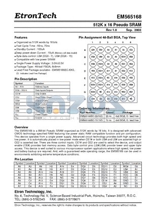 EM565168 datasheet - 512K x 16 Pseudo SRAM