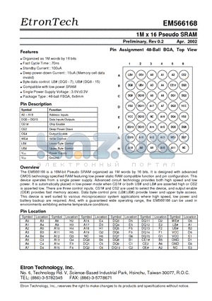 EM566168 datasheet - 1M x 16 Pseudo SRAM