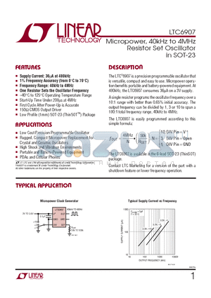 LTC6907 datasheet - Micropower, 40kHz to 4MHz Resistor Set Oscillator in SOT-23