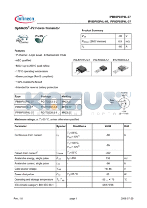 IPP80P03P4L-07 datasheet - OptiMOS-P2 Power-Transistor