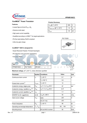 IPP90R1K0C3 datasheet - CoolMOS Power Transistor