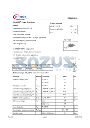 IPP90R1K2C3 datasheet - CoolMOS Power Transistor