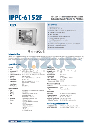 IPPC-6152F datasheet - 15 XGA TFT LCD Celeron^ M Fanless Industrial Panel PC with 2 x PCI Slots