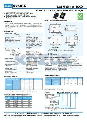 EM57S28-28.880-2.5-30 datasheet - HCMOS 7 x 5 x 2.5mm SMD, MHz Range