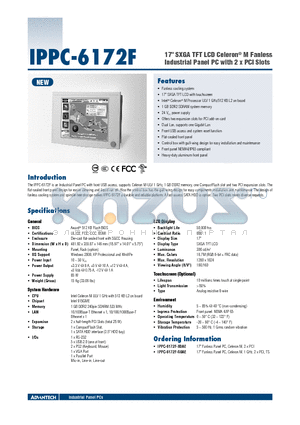 IPPC-6172F datasheet - 17 SXGA TFT LCD Celeron^ M Fanless Industrial Panel PC with 2 x PCI Slots