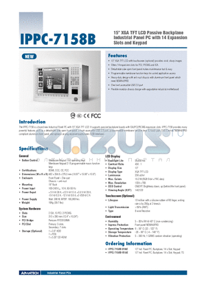 IPPC-7158B-X1AE datasheet - 15 XGA TFT LCD Passive Backplane Industrial Panel PC with 14 Expansion Slots and Keypad