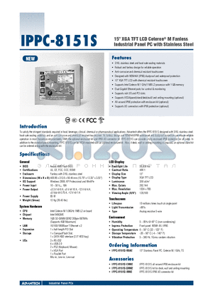 IPPC-8151S-EMKE datasheet - 15 XGA TFT LCD Celeron^ M Fanless Industrial Panel PC with Stainless Steel