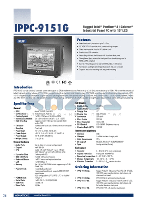 IPPC-9151F-RA datasheet - Rugged Intel^ Pentium^ 4 / Celeron^ Industrial Panel PC with 15