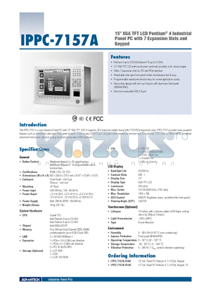 IPPC-7157A datasheet - 15 XGA TFT LCD Pentium^ 4 Industrial Panel PC with 7 Expansion Slots and Keypad