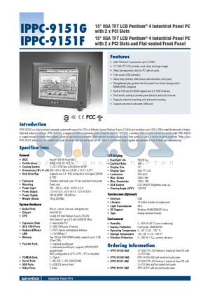 IPPC-9151F-XAE datasheet - 15 XGA TFT LCD Pentium^ 4 Industrial Panel PC with 2 x PCI Slots