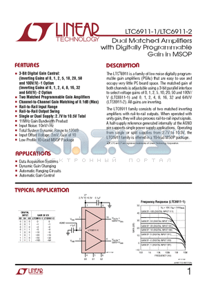 LTC6911HMS-1 datasheet - Dual Matched Amplifiers with Digitally Programmable Gain in MSOP