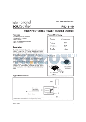 IPS0151 datasheet - FULLY PROTECTED POWER MOSFET SWITCH