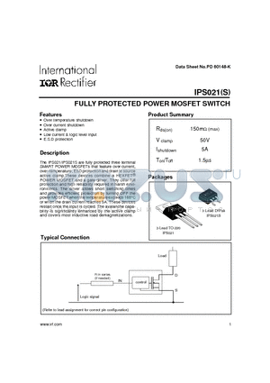IPS021 datasheet - FULLY PROTECTED POWER MOSFET SWITCH