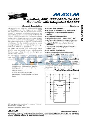 MAX5971AETI+ datasheet - Single-Port, 40W, IEEE 802.3af/at PSE Controller with Integrated MOSFET