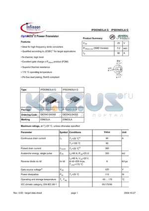 IPS03N03LA datasheet - Ideal for high-frequency dc/dc converters Qualified according to JEDEC for target applications