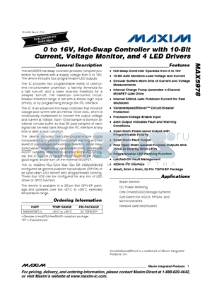 MAX5978 datasheet - 0 to 16V, Hot-Swap Controller with 10-Bit Current, Voltage Monitor, and 4 LED Drivers