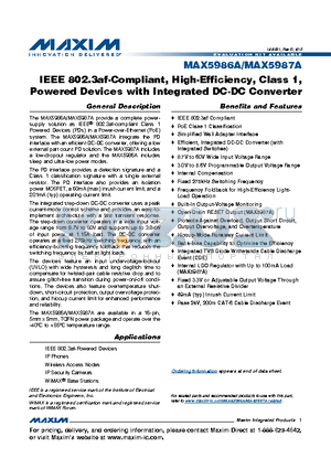 MAX5987AETE+ datasheet - IEEE 802.3af-Compliant, High-Efficiency, Class 1,Powered Devices with Integrated DC-DC Converter