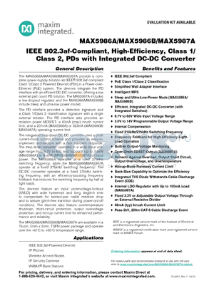 MAX5986B datasheet - IEEE 802.3af-Compliant, High-Efficiency, Class 1/Class 2, PDs with Integrated DC-DC Converter