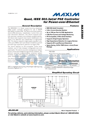 MAX5980 datasheet - Quad, IEEE 802.3at/af PSE Controller