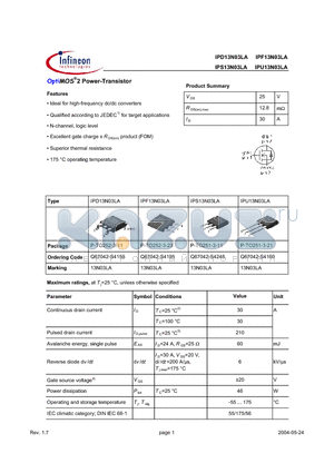 IPS13N03LA datasheet - OptiMOS 2 Power-Transistor