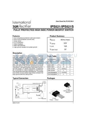 IPS521 datasheet - FULLY PROTECTED HIGH SIDE POWER MOSFET SWITCH