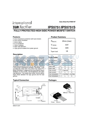 IPS5751 datasheet - FULLY PROTECTED HIGH SIDE POWER MOSFET SWITCH