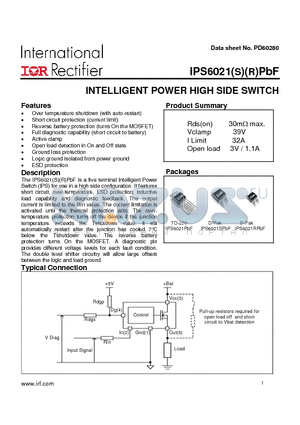 IPS6021PBF datasheet - INTELLIGENT POWER HIGH SIDE SWITCH