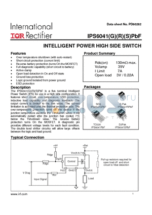 IPS6041RPBF datasheet - INTELLIGENT POWER HIGH SIDE SWITCH