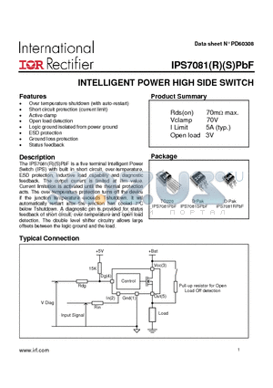 IPS7081R datasheet - INTELLIGENT POWER HIGH SIDE SWITCH