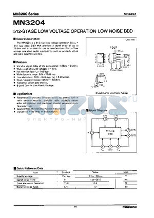 MN3204 datasheet - 512-STAGE LOW VOLTAGE OPERATION LOW NOISE BBD