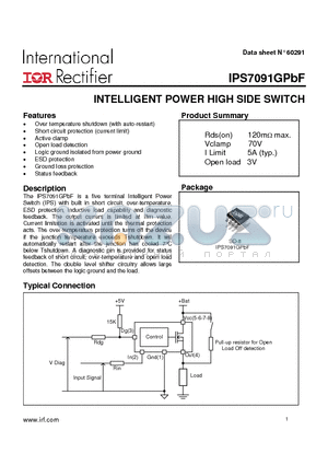 IPS7091GPBF datasheet - INTELLIGENT POWER HIGH SIDE SWITCH